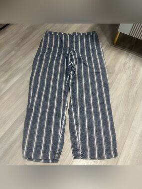 Chico’s Blue White Striped Linen Stretch Pull On Pants Sz 2.5 L
